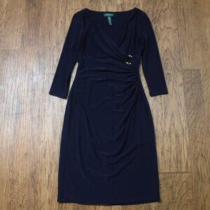 Lauren Ralph Lauren Navy Blue V-Neck 3/4 Sleeve Dress